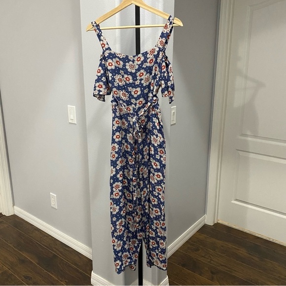 ANTHROPOLOGIE 100% Silk M.i.h Floral Wide Leg Belted Jumpsuit Blue Red Sz Small - Picture 6 of 6
